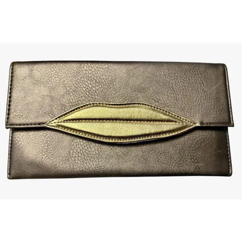 Bronze + Gold Metallic Vegan‑Leather Lip‑Flap Clutch (11 x 6)‎
